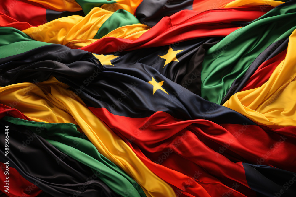 Poster a vibrant tapestry of african flags waving in the wind, symbolizing the unity and diversity of the c