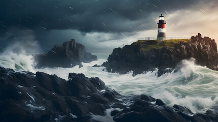 Fototapeta na wymiar Lighthouse on a cliff during a thunderstorm waves crashing against rocks --ar 16:9 --v 5.2 --style raw