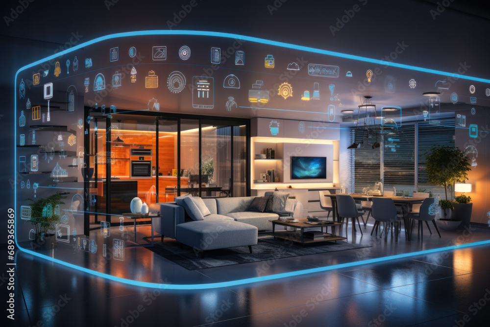 Aufkleber A smart home system using AI to learn and predict user preferences, optimizing energy consumption and creating a comfortable living environment. Concept of intelligent home automation. Generative Ai.