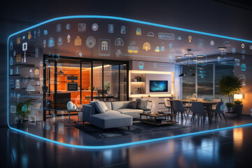 A smart home system using AI to learn and predict user preferences, optimizing energy consumption and creating a comfortable living environment. Concept of intelligent home automation. Generative Ai. - obrazy, fototapety, plakaty