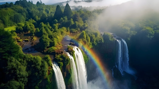 Majestic waterfalls in a lush forest rainbow in the mist --ar 16:9 --v 5.2 --style raw