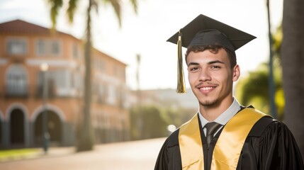Portrait of young latin man at graduation wearing toga - obrazy, fototapety, plakaty