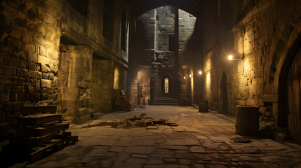 Medieval dungeon torch-lit stone walls hidden beneath a castle --ar 16:9 --v 5.2 --style raw - obrazy, fototapety, plakaty