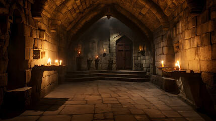 Medieval dungeon torch-lit stone walls hidden beneath a castle --ar 16:9 --v 5.2 --style raw - obrazy, fototapety, plakaty