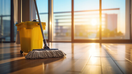 Mop and Bucket Ready for Action in a Sunlit Office Space. - obrazy, fototapety, plakaty