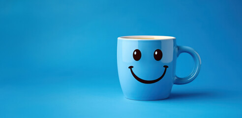 A Cheerful Smiley Face Mug on a Vibrant Blue - obrazy, fototapety, plakaty