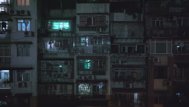 Windows Of Residential Buildings In Macau At Night, Aerial View