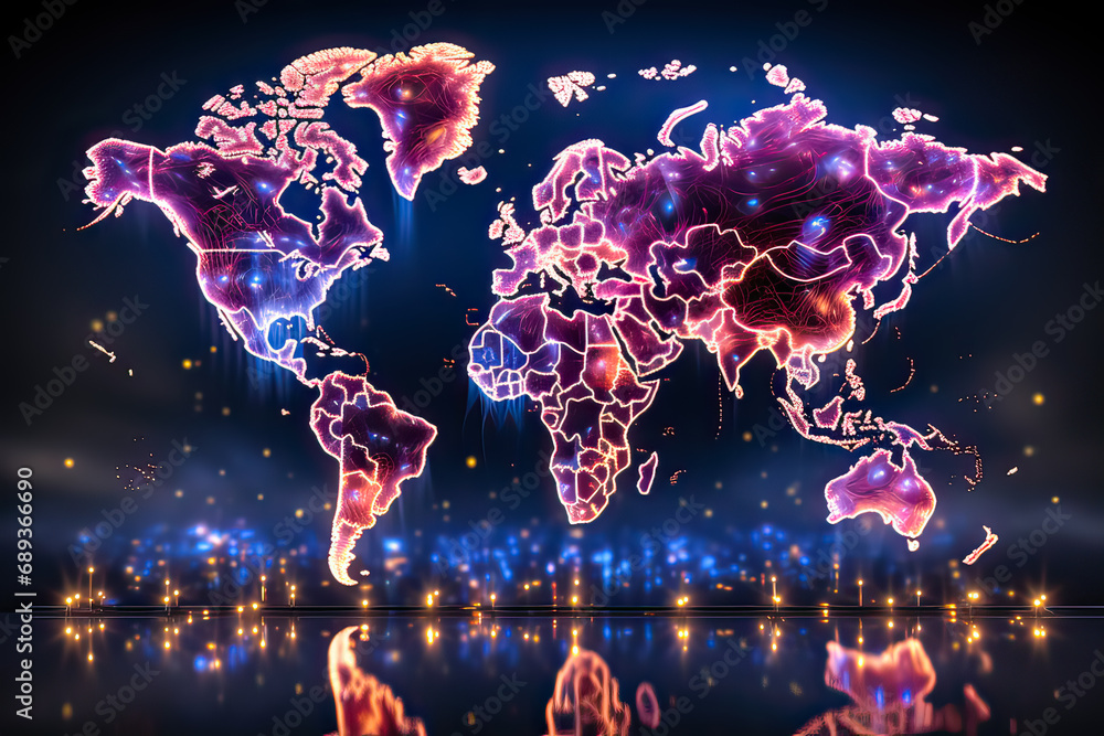 Poster luminous geography, stock photo featuring a world map in neon an illuminating image symbolizing the 