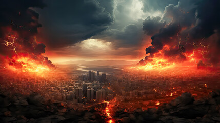 Destruction of cities. A photo depicting a city in flames and smoke from bombing, conveying the tragic consequences of destruction and despair. - obrazy, fototapety, plakaty