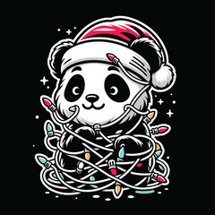 cute panda tangled in christmas lights