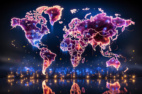 Luminous geography, Stock photo featuring a world map in neon an illuminating image symbolizing the interconnectedness and vibrancy of our global landscape.