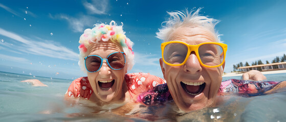 grandparents on vacation enjoying their retirement submerged in the sea water - obrazy, fototapety, plakaty