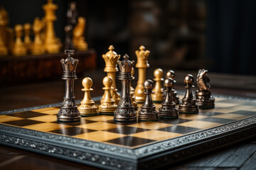 A chessboard with strategic pieces in play, representing the tactical maneuvers and strategic thinking involved in conceptual games. Concept of strategic moves. Generative Ai.