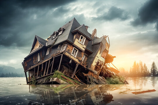 Earthquake aftermath, Stock photo depicting house destruction a poignant image capturing the devastating impact of seismic forces on human habitats.