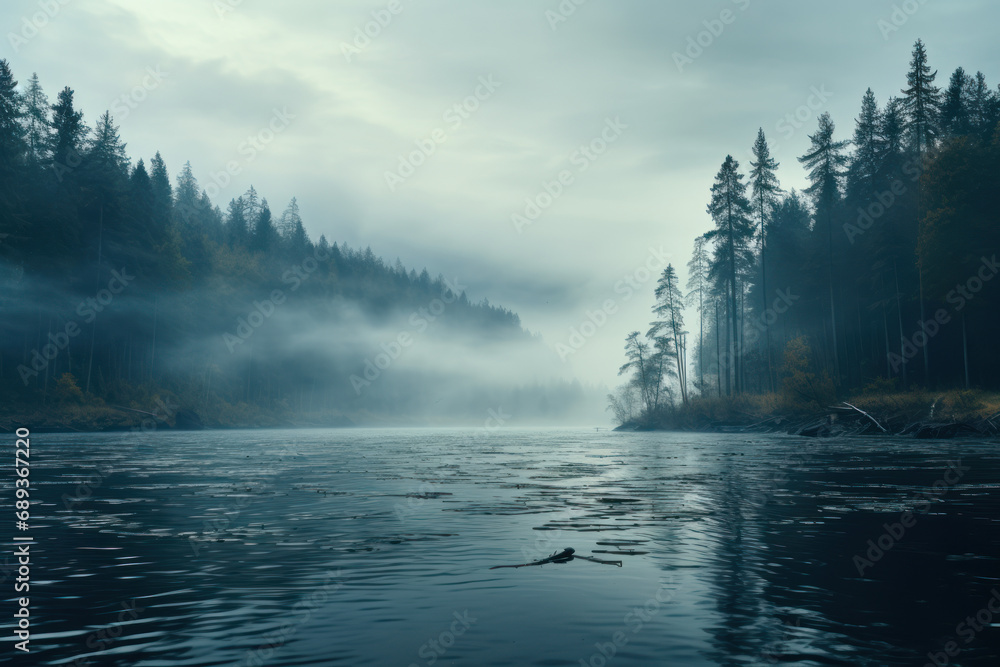 Poster thick fog enveloping a tranquil lake, creating an ethereal and mysterious atmosphere. concept of atm