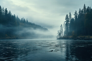 Thick fog enveloping a tranquil lake, creating an ethereal and mysterious atmosphere. Concept of...