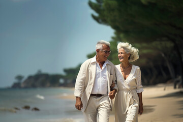 An elderly couple are enjoying a walk on the beach on a sunny day.