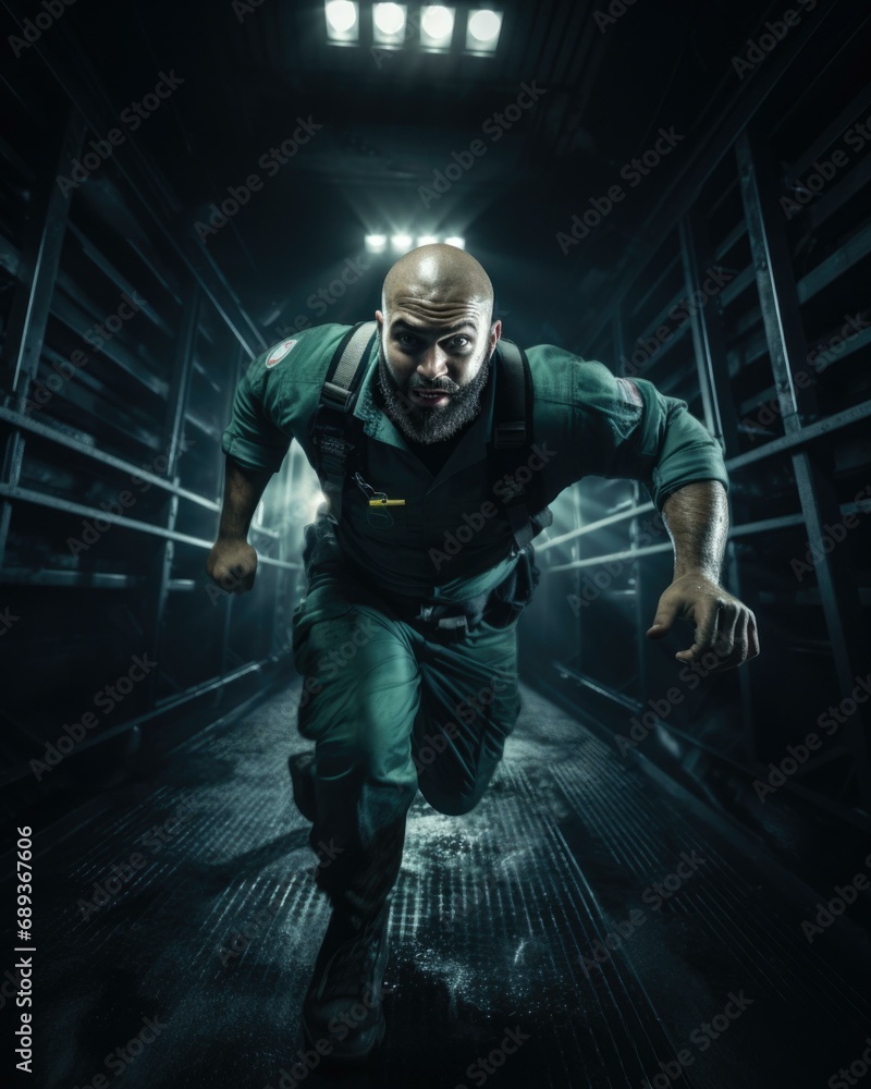 Poster a man in green running through a dark tunnel, filled with fear and determination. generative ai.