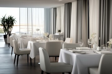 Immerse yourself in the elegance of a modern restaurant with sleek white tables and chairs. Generative AI.