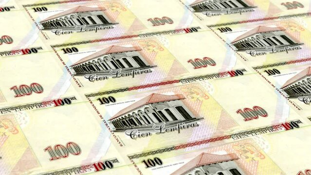 Honduras Honduran Lempira 100 Banknotes Money Printing House, Printing One Hundred Honduran Lempira, Printing Press Machine Print out Honduran Lempira, Being printed by currency press machine 100