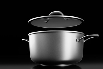 Stainless steel cooker with lid and chrome cookware on black background