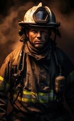Fototapeta premium A brave firefighter poses amidst billowing smoke and intense flames, showcasing strength and resilience. Generative AI.