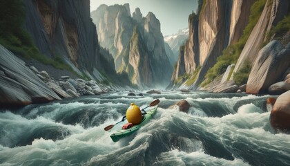 Cheerful lemon character kayaker floating on a mountain river