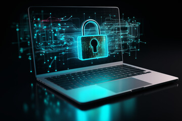 Cyber Security Laptop, Digitalisierung, futuristische Grafik
