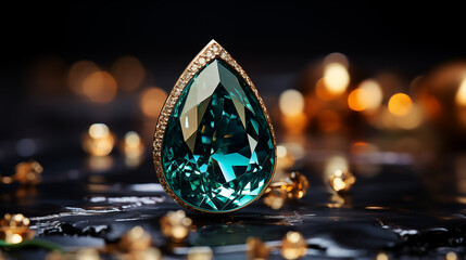 Luxury green emerald drop jewellery stone in a golden frame standing on a dark background
