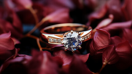 Closeup of a golden diamond ring on a background of red rose petals. Romantic jewelry gift for engagement or wedding.