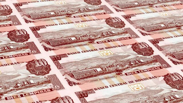 Honduras Honduran Lempira 10 Banknotes Money Printing House, Printing Ten Honduran Lempira, Printing Press Machine Print out Honduran Lempira, Being printed by currency press machine 10
