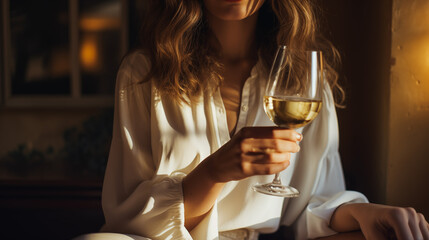 A glass of white wine in the hands of a girl relaxing in a restaurant. Tasting of alcoholic beverages. Summer rest. Romantic evening aperitif. Close-up of a glass of wine. Enjoyment. Generated AI - obrazy, fototapety, plakaty