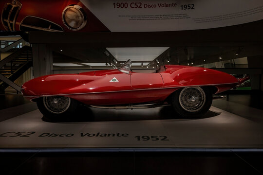 Arese, Italy - jul 1 2022 :A superb Alfa Romeo 1900 C52 Disco Volante model on display at The Historical Museum Alfa Romeo