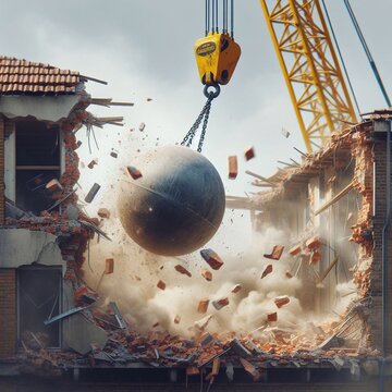 wrecking ball breaking a building wall