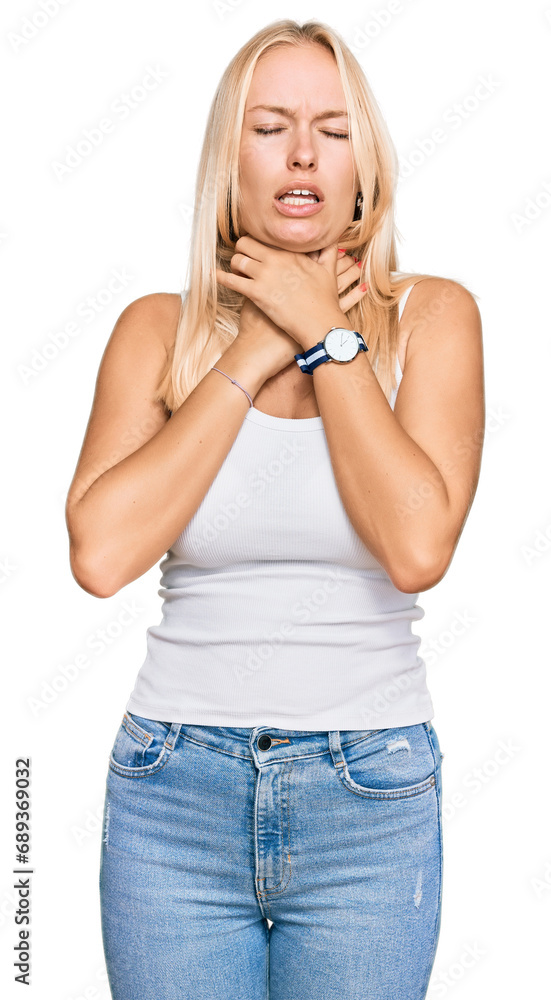 Poster Young blonde girl wearing casual style with sleeveless shirt shouting suffocate because painful strangle. health problem. asphyxiate and suicide concept.