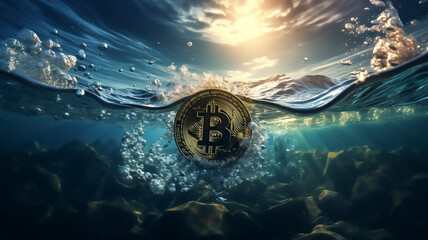 An ocean, waves in the ocean, in the middle of it bitcoin swimming, business concept, relax image, meditating colors, high detailed crypto coin - obrazy, fototapety, plakaty