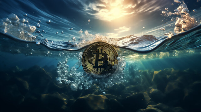 An ocean, waves in the ocean, in the middle of it bitcoin swimming, business concept, relax image, meditating colors, high detailed crypto coin