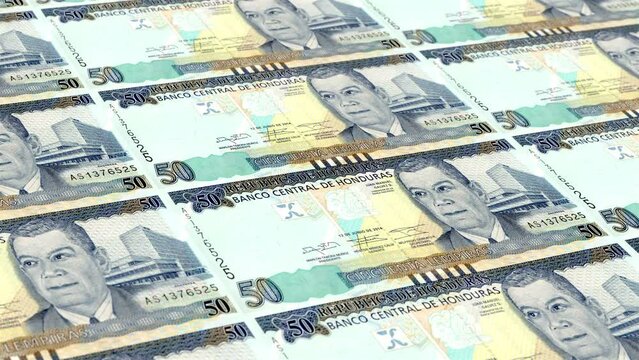 Honduras Honduran Lempira 50 Banknotes Money Printing House, Printing Fifty Honduran Lempira, Printing Press Machine Print out Honduran Lempira, Being printed by currency press machine 50