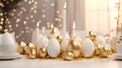 Easter. Easter table. candles and Easter eggs. Banner. Generated AI. Edited in Photoshop