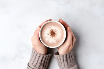 Hand hold cup of hot chocolate cocoa drink on white background. Top view. Generated AI - obrazy, fototapety, plakaty