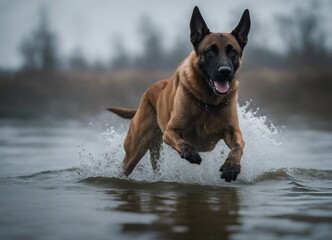 Belgian Malinoisas running in the river, heavy foggy weather, splashing and droplets
