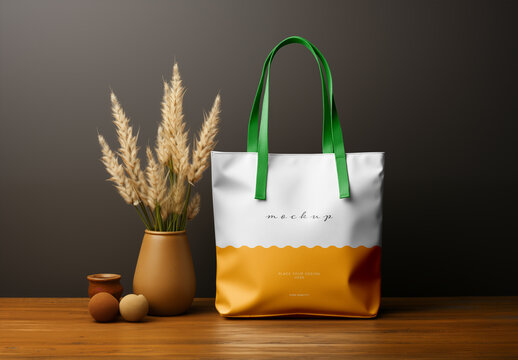 Stylish Fabric Tote Bag Mockup &ndash; Wooden Table Scene with Decorative Vases and Green Handles
