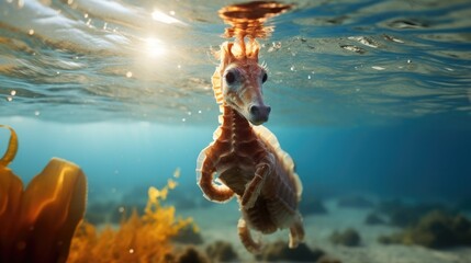 A baby seahorse swimming under the water. Generative AI. - obrazy, fototapety, plakaty