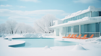Luxury resort after unexpected snowstorm. Frozen modern hotel with a swimming pool, orange chaise-longues and trees covered in snow. Business closed in winter. Climate change.