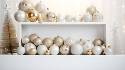 Fototapeta na wymiar Scandinavian Christmas background in natural shades. Sparkling new years tree decorations