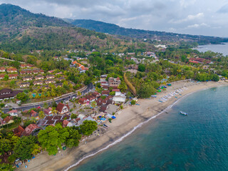 Fototapeta na wymiar Aerial view of coastline in Lombok Island, West Nusa Tenggara, Indonesia. Beach resort island in east from Bali island