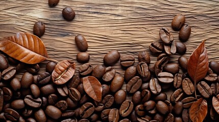 coffee beans in background with leaves, in the style of distressed and weathered surfaces, use of common materials, 16:9, copy space