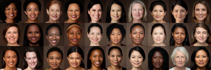 composite portrait of different women headshots, including all ethnic, racial, and geographic types of women in the world - obrazy, fototapety, plakaty