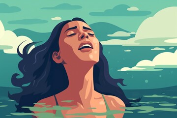 illustration of a woman breathing air in the sea - obrazy, fototapety, plakaty