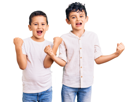 Couple of little brothers together wearing casual clothes screaming proud, celebrating victory and success very excited with raised arms